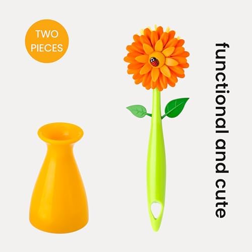 Vigar Flower Power Dish Brush with Vase 10 Inches Orange Green