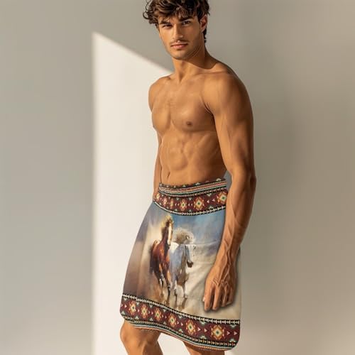 Mens Aztec Horse Bath Towel Wrap Adjustable with Hook and Loop Fasteners
