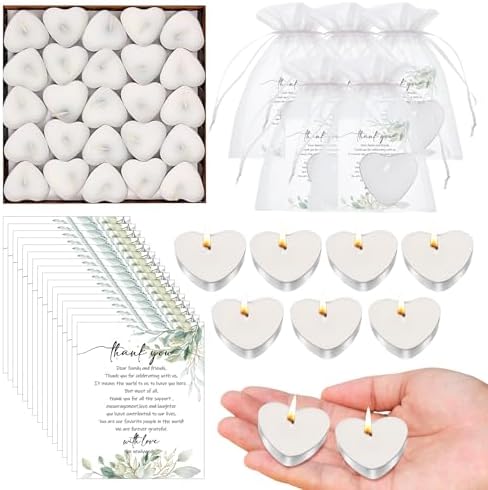 100 Sets Heart Shaped Wedding Candle Favors with Cards and Organza Bags