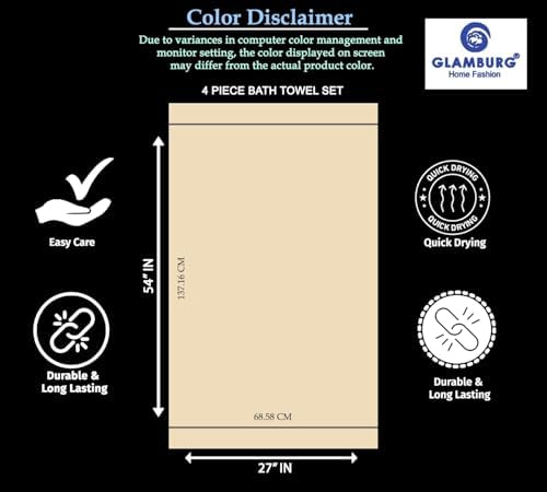 GLAMBURG Premium Cotton 4 Pack Bath Towel Set - 100 Pure Cotton