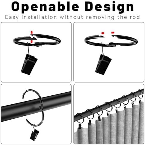 24 Pack 2 Inch Curtain Rings with Clips - Rustproof Black