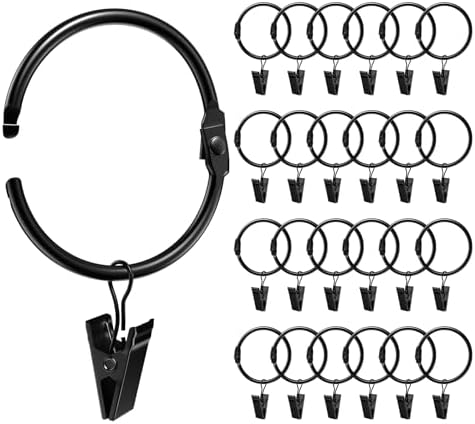 24 Pack 2 Inch Curtain Rings with Clips - Rustproof Black