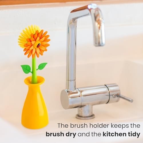 Vigar Flower Power Dish Brush with Vase 10 Inches Orange Green
