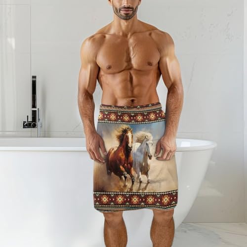 Mens Aztec Horse Bath Towel Wrap Adjustable with Hook and Loop Fasteners