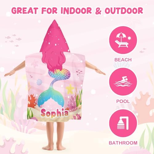 Personalized Kids Beach Towel with Name and Mermaid Design