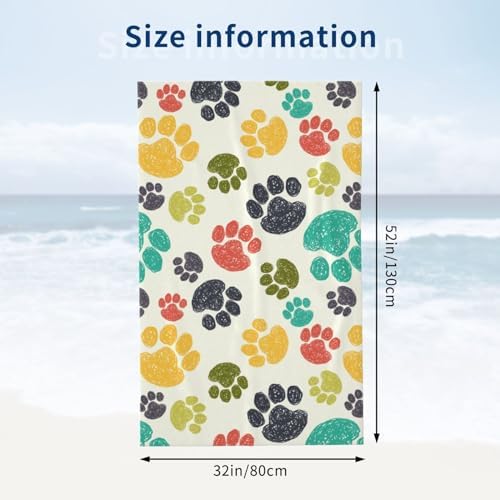 VOOHDDY Colorful Paw Beach Towel 52x32 Inches Microfiber