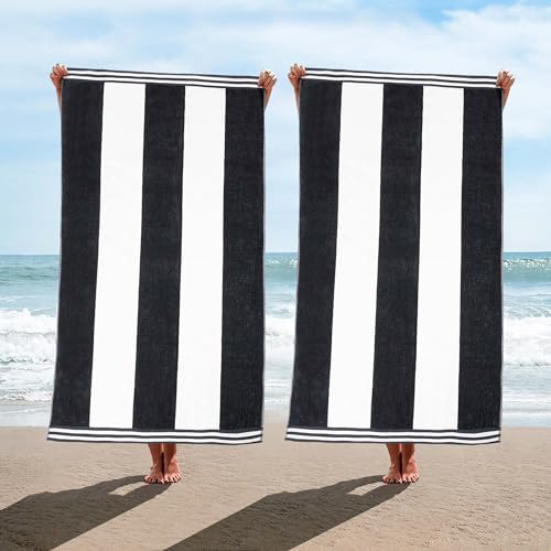 Superior Cotton Striped Beach Towels - Set of 2 Charcoal 1