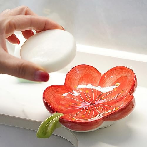 Self-Draining Ceramic Soap Dish with Peach Blossom Design