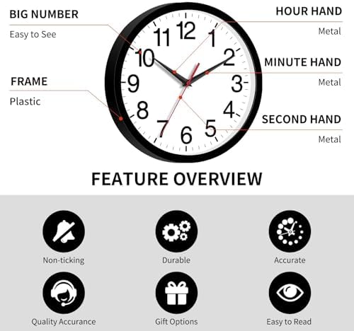 Rohioue 10 Inch Black Wall Clock Modern Silent Non Ticking Analog