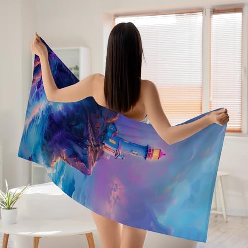 WZOMT Microfiber Beach Towel - Purple Lighthouse Design