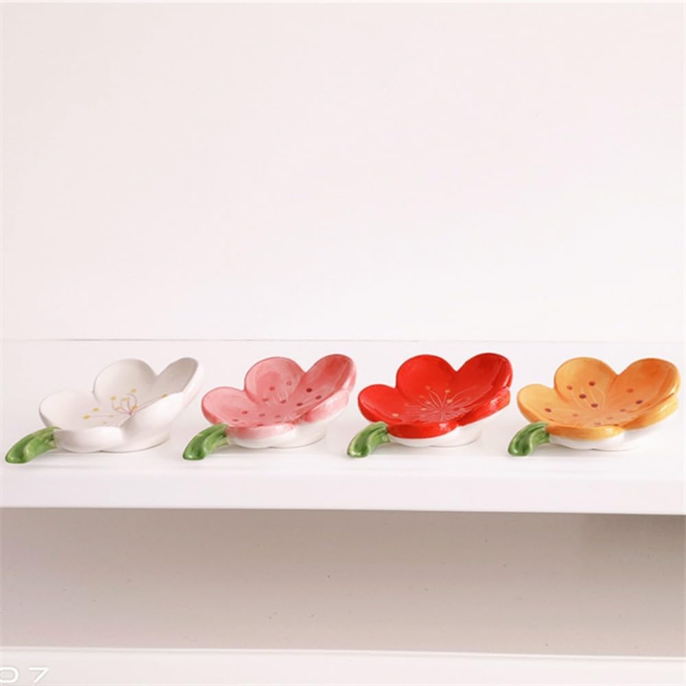 Flower Ceramic Soap Holder Self Draining Tulip Red