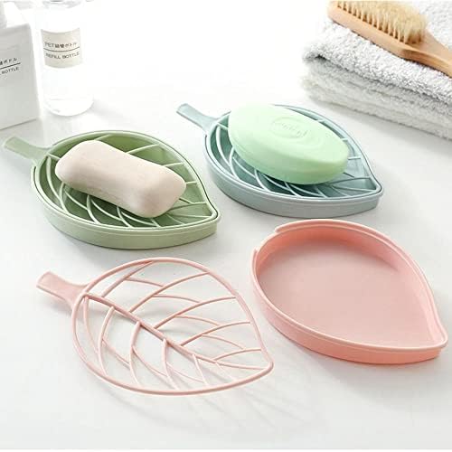 3Pcs Leaf-Shaped Soap Dishes with Drainage Tray Fashionable Bathroom Holder in Green