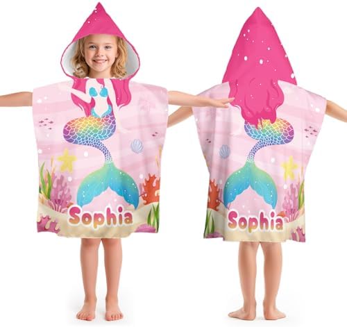 Personalized Kids Beach Towel with Name and Mermaid Design
