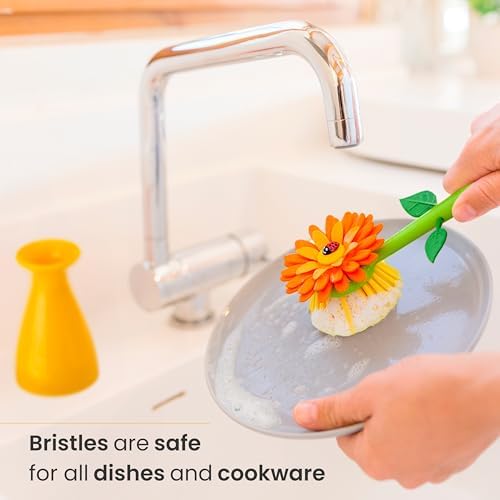 Vigar Flower Power Dish Brush with Vase 10 Inches Orange Green