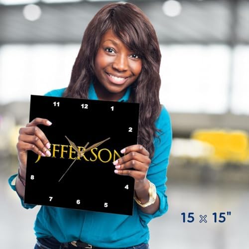 3dRose Wall Clock Silent - 15 Inch Jefferson Classic Baby Name Yellow on Black
