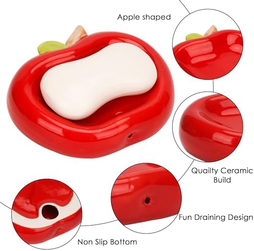 Red Apple Shaped Ceramic Soap Dish with Drainage Holes