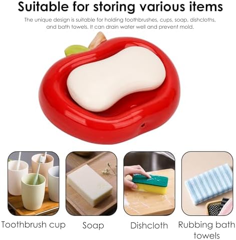 Red Apple Shaped Ceramic Soap Dish with Drainage Holes