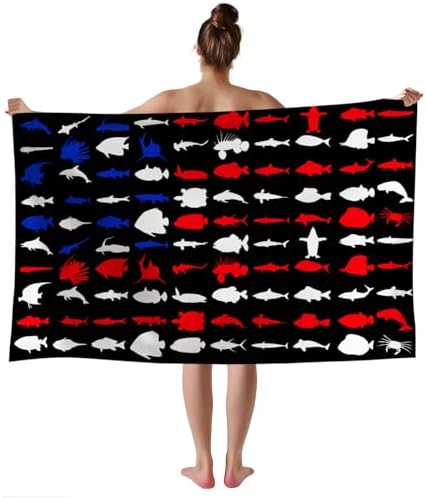 WZOMT American Flag Fishing Beach Towel - Quick Dry Microfiber with Sharks and Turtles