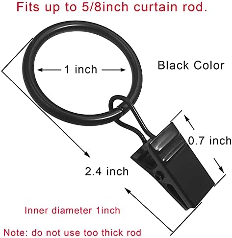 44 Pack Curtain Ring Hooks with Clips Black 1 Inch ID