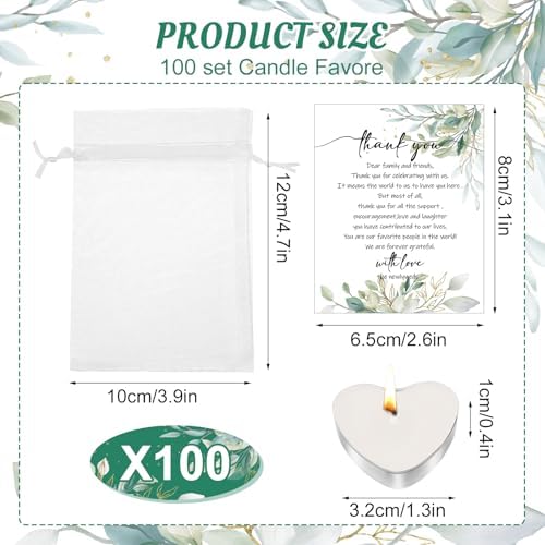 100 Sets Heart Shaped Wedding Candle Favors with Cards and Organza Bags