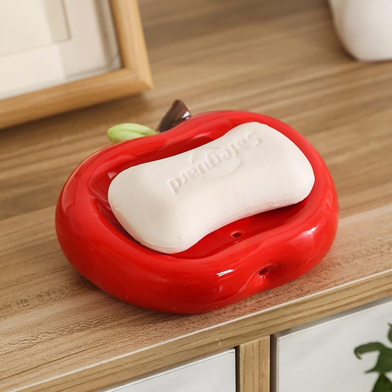 Red Apple Shaped Ceramic Soap Dish with Drainage Holes