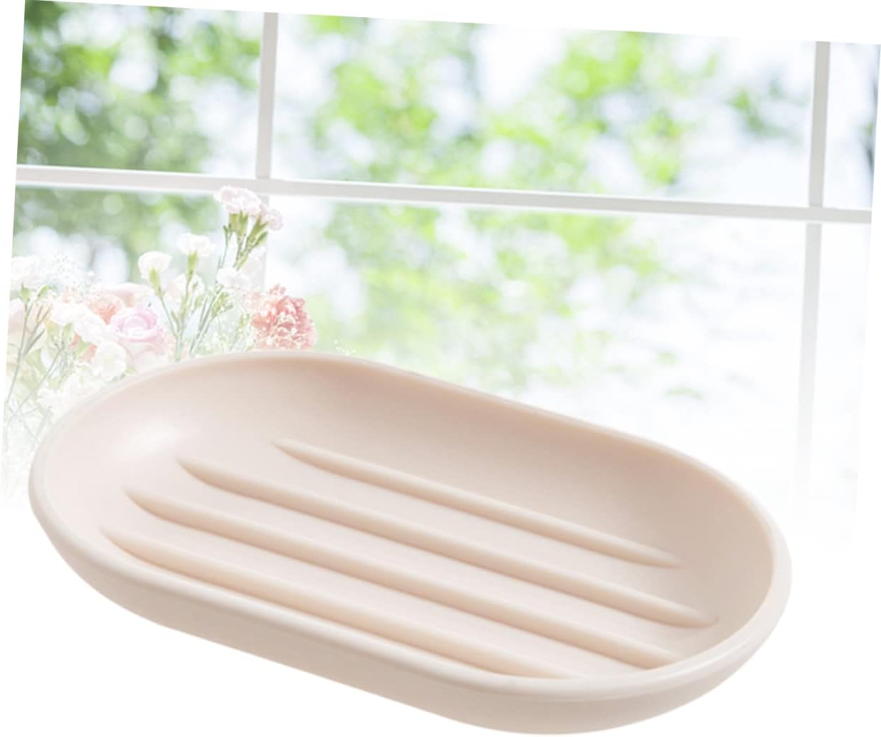 Oval Soap Dish Holder Beige Plastic for Bathroom Kitchen