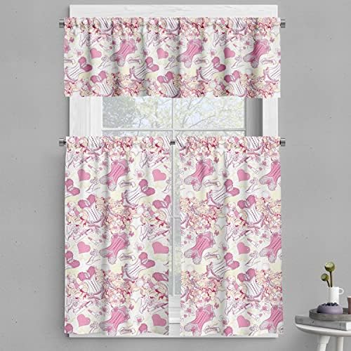 Ambesonne 3-Piece Tiers Curtain Set Floral Print Beige Pink