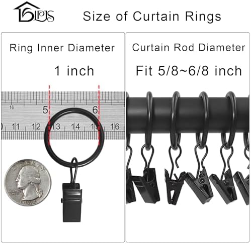 44 Pack Curtain Ring Hooks with Clips Black 1 Inch ID