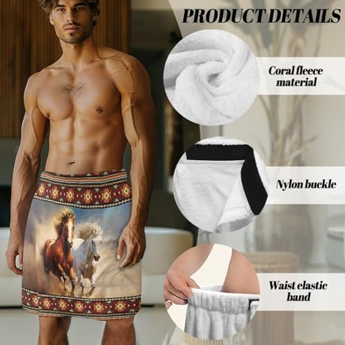 Mens Aztec Horse Bath Towel Wrap Adjustable with Hook and Loop Fasteners