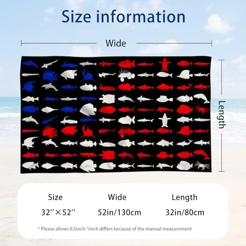 WZOMT American Flag Fishing Beach Towel - Quick Dry Microfiber with Sharks and Turtles