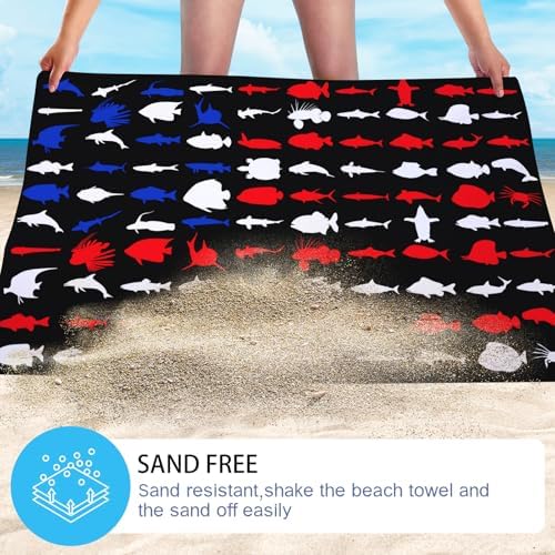 WZOMT American Flag Fishing Beach Towel - Quick Dry Microfiber with Sharks and Turtles