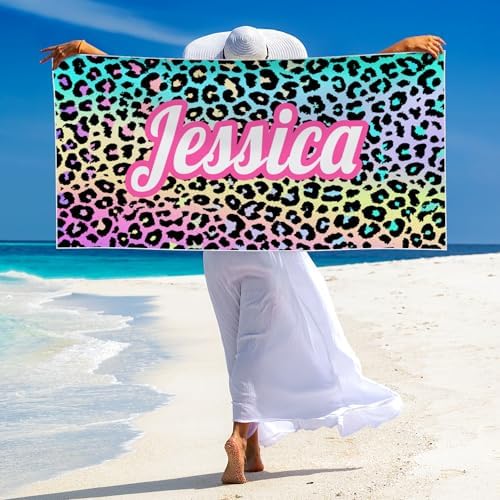 Custom Name Beach Towel with Leopard Print