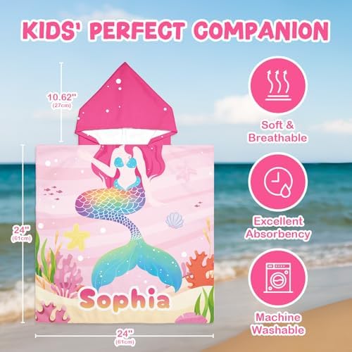 Personalized Kids Beach Towel with Name and Mermaid Design