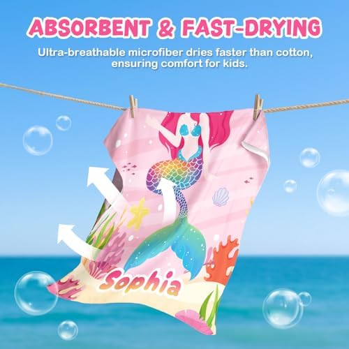 Personalized Kids Beach Towel with Name and Mermaid Design