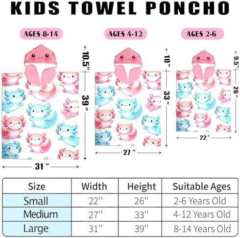 Kids Hooded Beach Towel with Axolotl Design for 8-14 Years