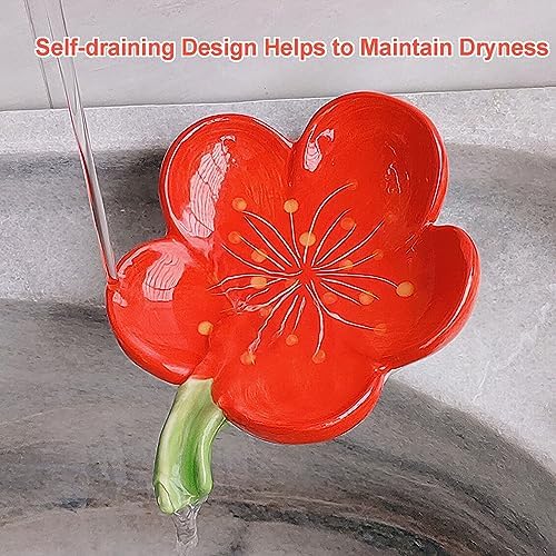 Self-Draining Ceramic Soap Dish with Peach Blossom Design