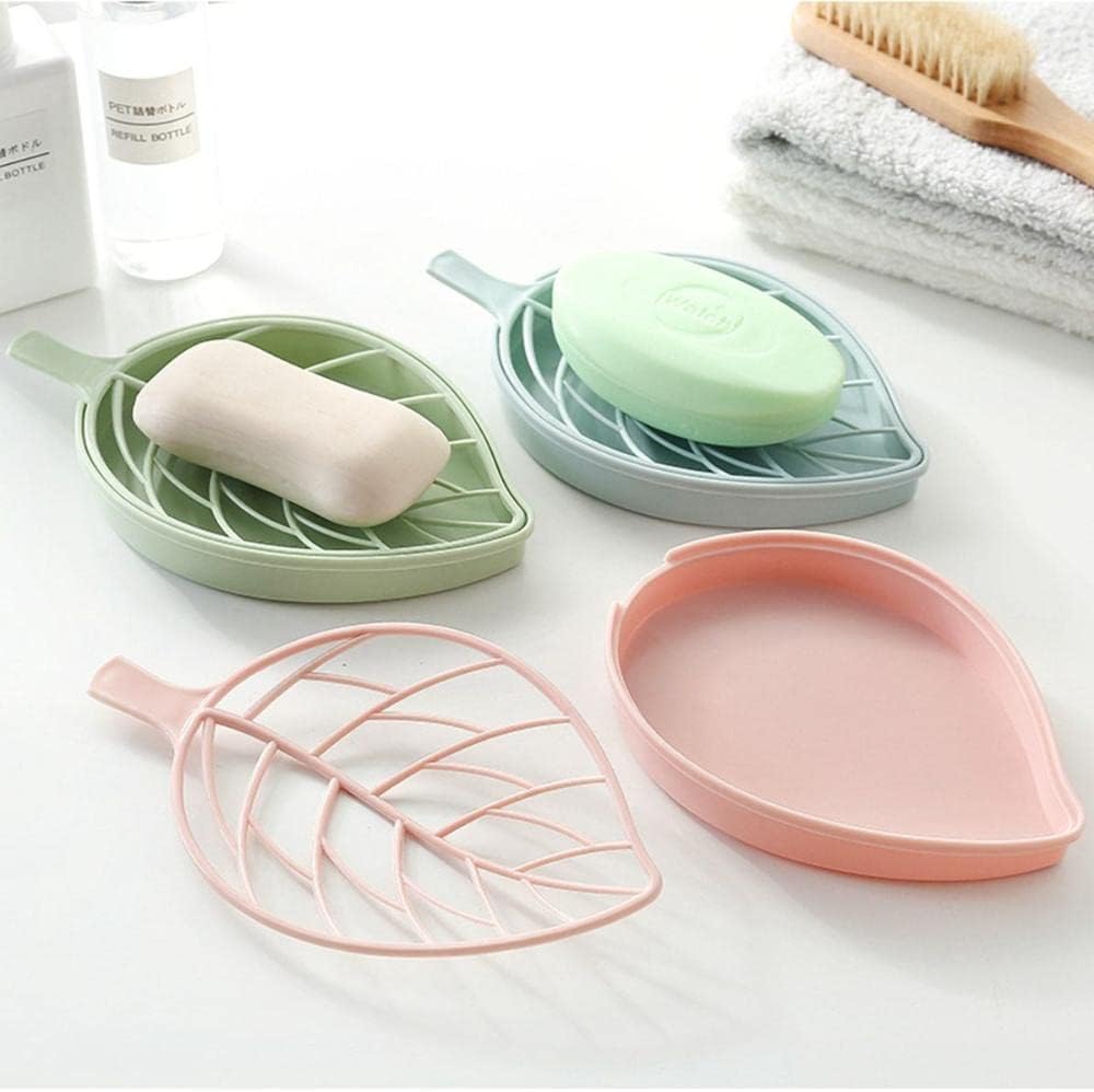 3Pcs Leaf-Shaped Soap Dishes with Drainage Tray Fashionable Bathroom Holder in Green