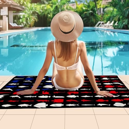 WZOMT American Flag Fishing Beach Towel - Quick Dry Microfiber with Sharks and Turtles
