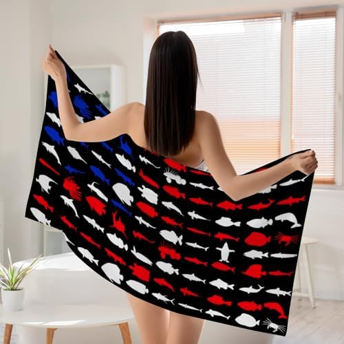 WZOMT American Flag Fishing Beach Towel - Quick Dry Microfiber with Sharks and Turtles