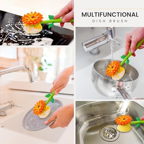 Vigar Flower Power Dish Brush with Vase 10 Inches Orange Green