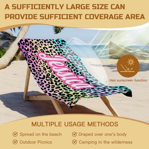 Custom Name Beach Towel with Leopard Print