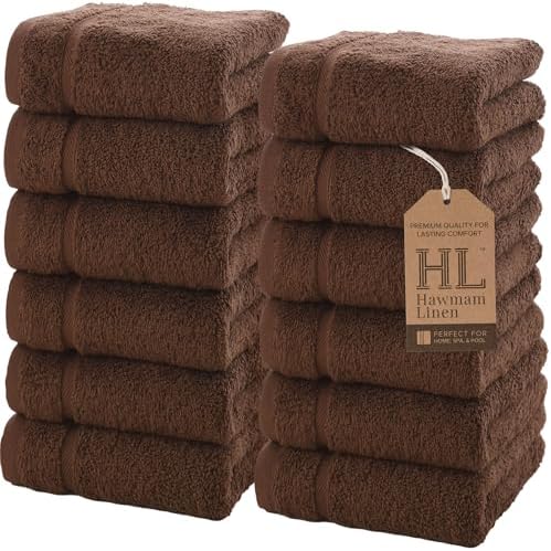 Hawmam Linen 13x13 Inch Face Towels - 12 Pack Brown Luxury Cotton