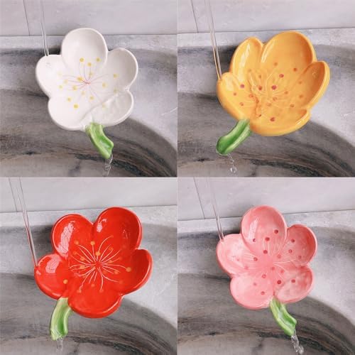 Flower Ceramic Soap Holder Self Draining Tulip Red