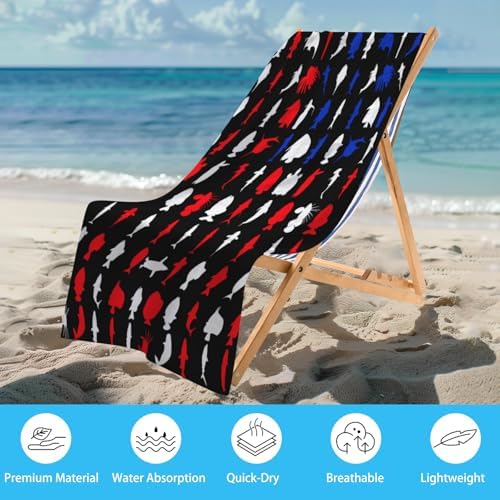 WZOMT American Flag Fishing Beach Towel - Quick Dry Microfiber with Sharks and Turtles