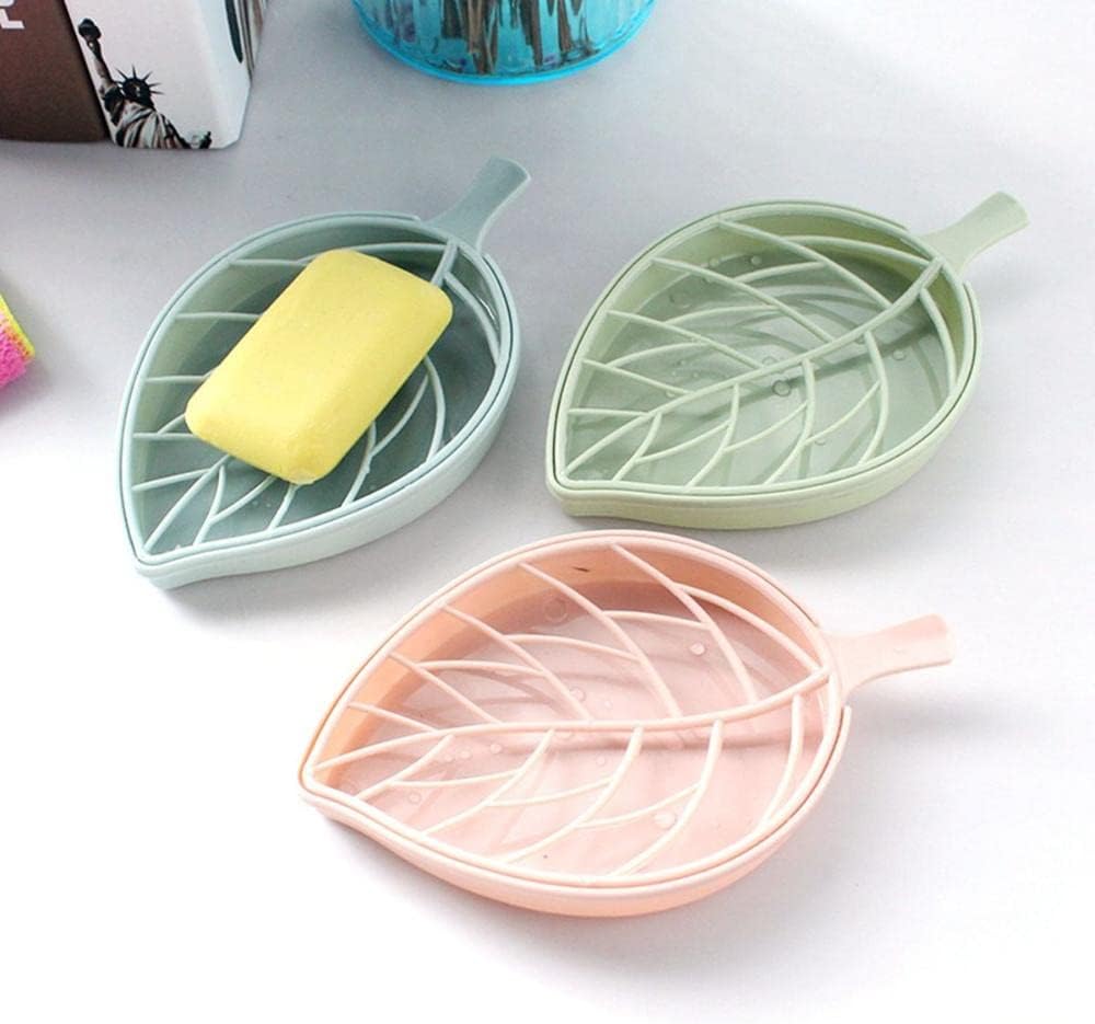 3Pcs Leaf-Shaped Soap Dishes with Drainage Tray Fashionable Bathroom Holder in Green