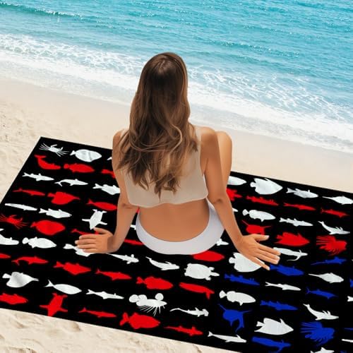 WZOMT American Flag Fishing Beach Towel - Quick Dry Microfiber with Sharks and Turtles
