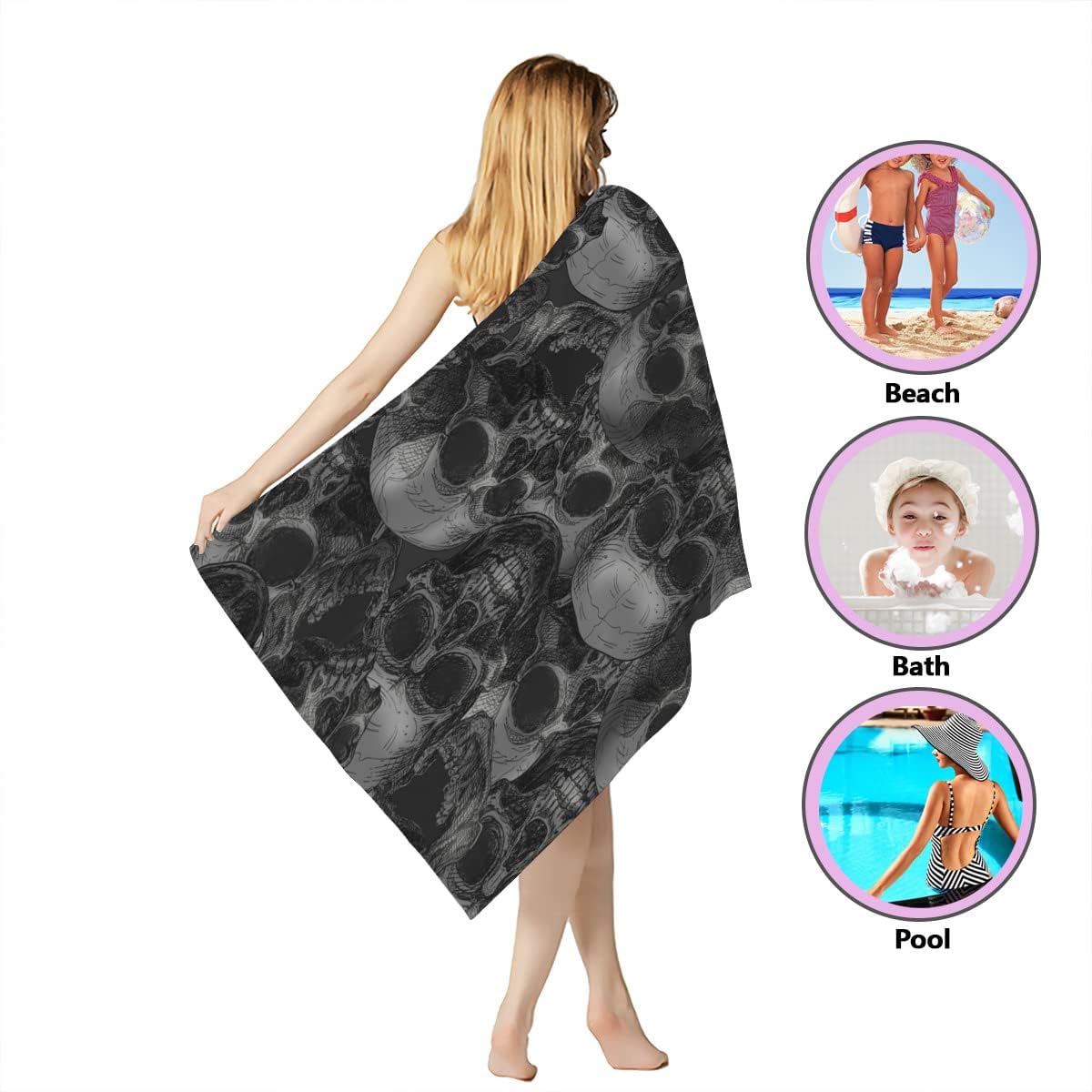 Kurtect Kids Men Boys Skull Beach Towel Black