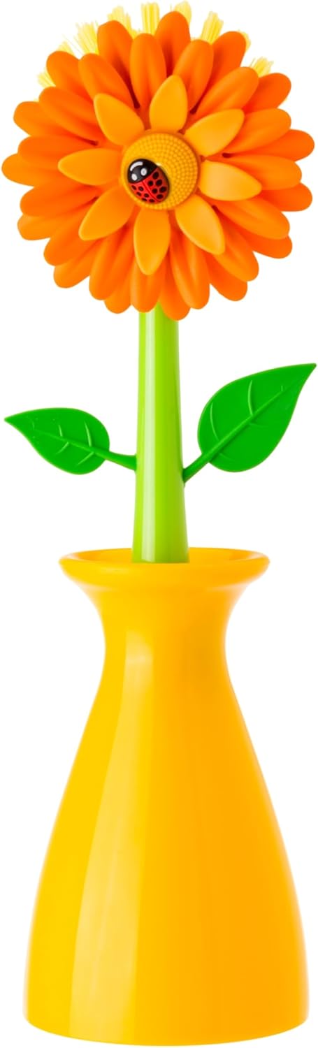 Vigar Flower Power Dish Brush with Vase 10 Inches Orange Green