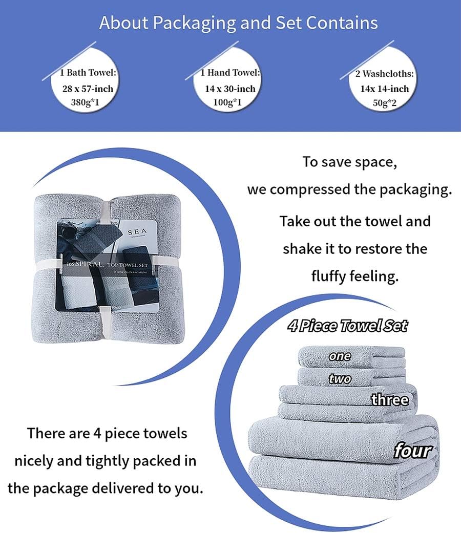 Xinrjojo 4 Piece Microfiber Bath Towel Set Quick Dry Travel Yoga Towels - Gray