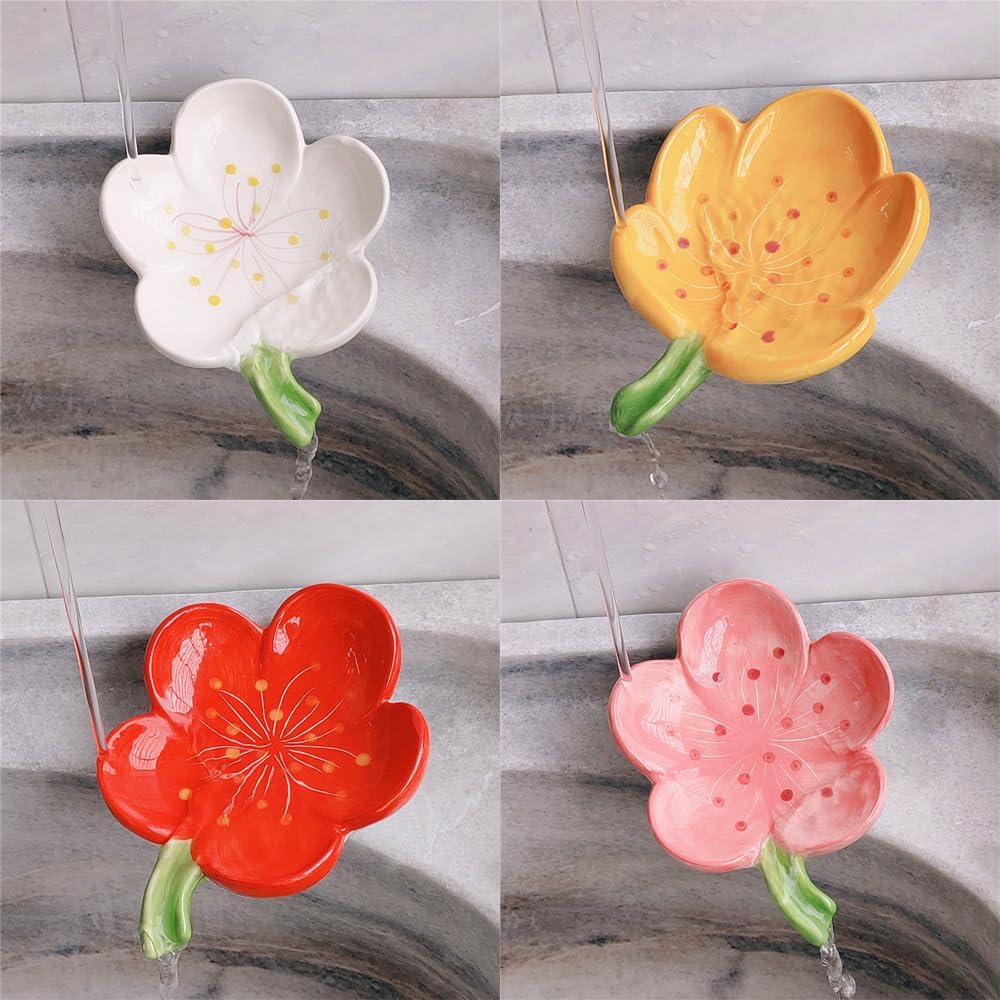 Flower Ceramic Soap Holder Self Draining Tulip Red